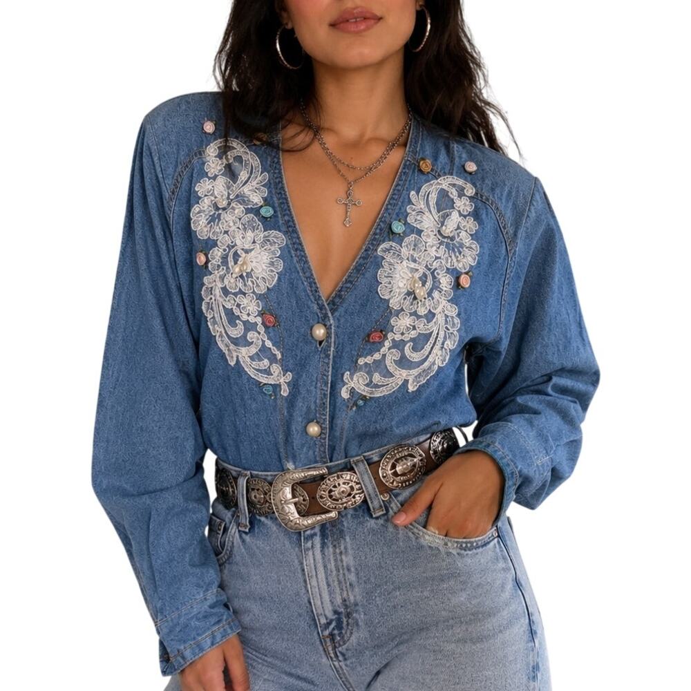 Vintage 80s Denim Top Lace Pearl Jeweled Western Gothic Size 8